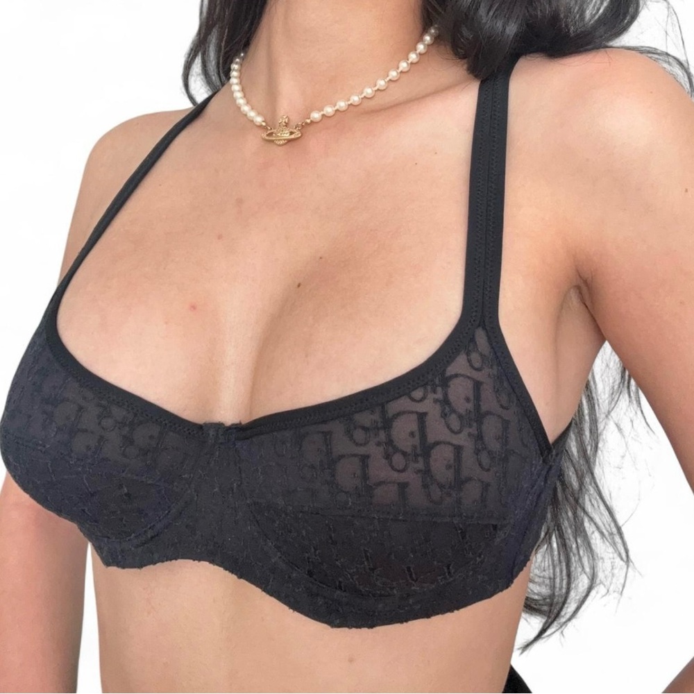 Vintage Christian Dior Monogram Sheer Mesh Bra Top Black Y2K Galliano Era